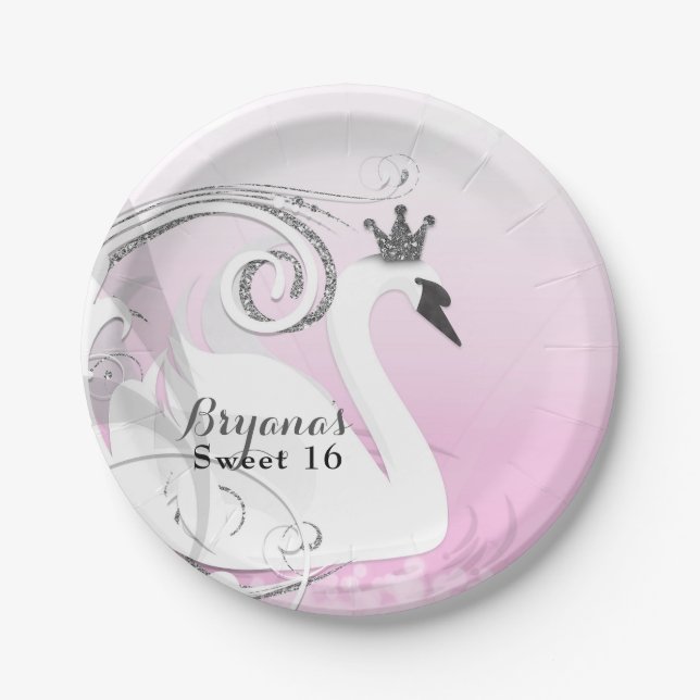 Swan Princess Silver White Pink Baby Shower Paper Plates (Front)
