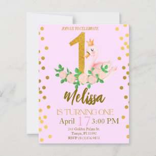 Swan Princess Turning One Birthday Invitation Postcard
