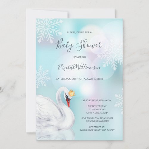 Swan Princess  Winter Girl Baby Shower Invitation