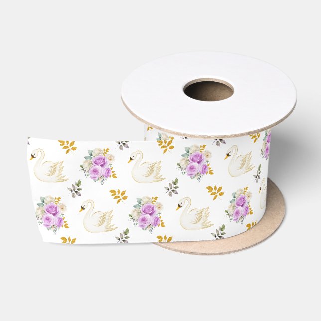 Swan Purple and Gold Floral Roses Satin Ribbon (Spool)