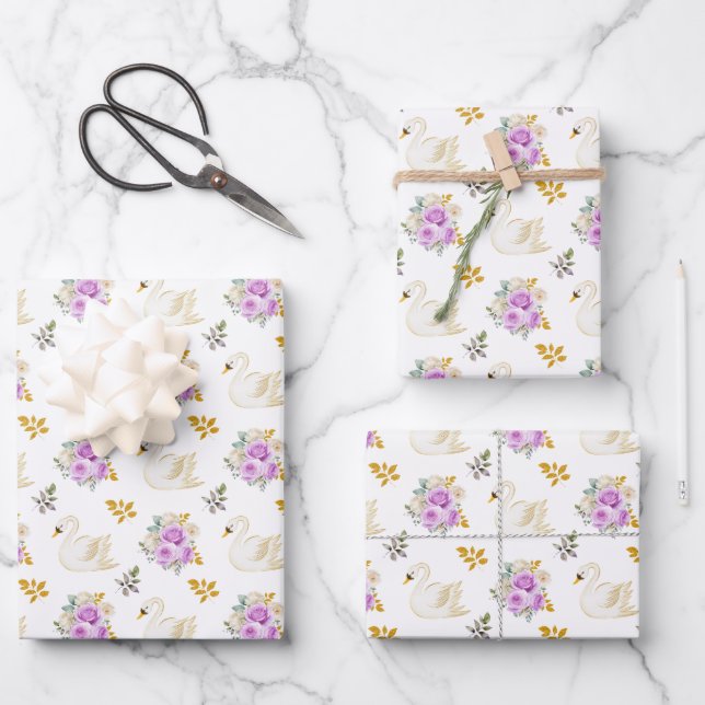 Swan Purple and Gold Floral Roses Wrapping Paper Sheets (Front)