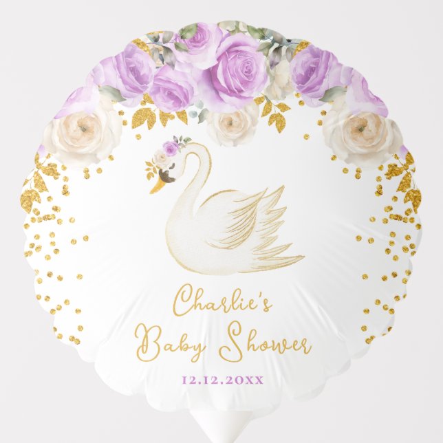 Swan Purple and Gold Roses Baby Shower Balloon (Front)