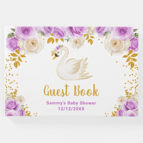 Swan Purple and Gold Roses Baby Shower Guest Book