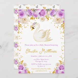 Swan Purple and Gold Roses Baby Shower Invitation