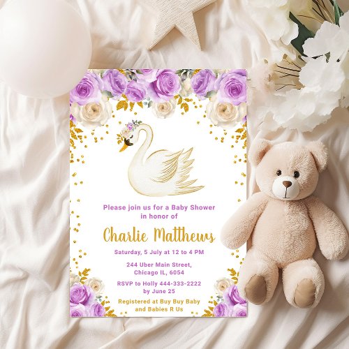 Swan Purple and Gold Roses Baby Shower Invitation