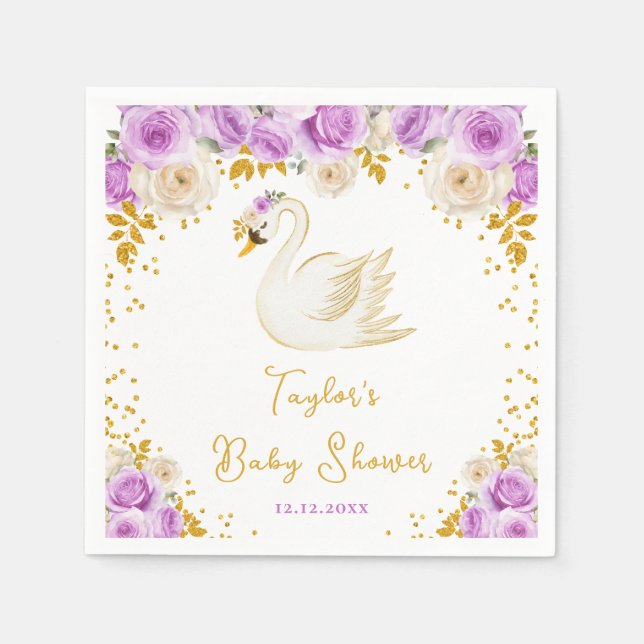 Swan Purple and Gold Roses Baby Shower Napkins (Front)