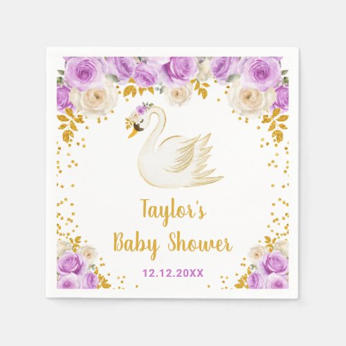 Swan Purple and Gold Roses Baby Shower Napkins