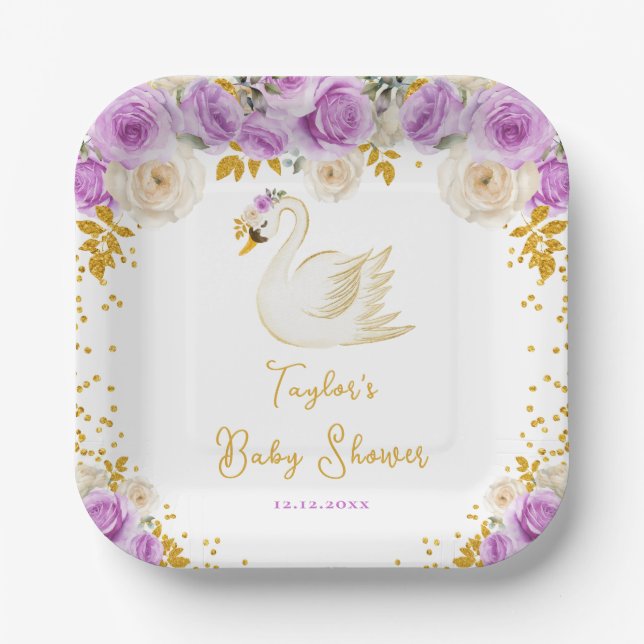 Swan Purple and Gold Roses Baby Shower Paper Plates (Front)