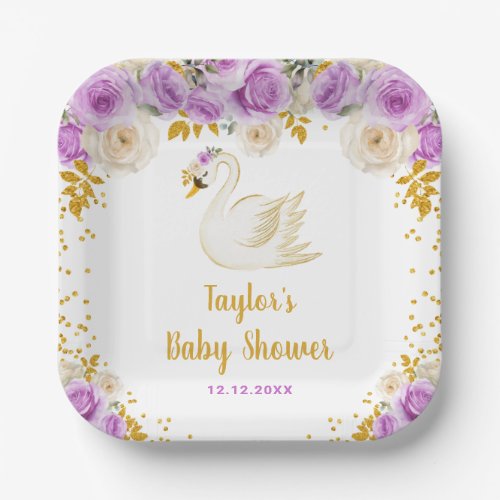 Swan Purple and Gold Roses Baby Shower Paper Plates