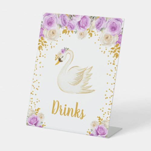 Swan Purple and Gold Roses Baby Shower Pedestal Sign