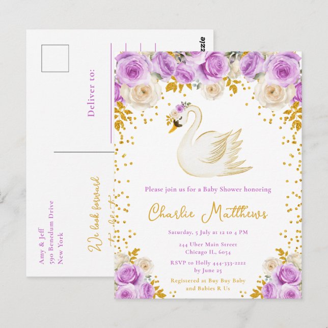 Swan Purple and Gold Roses Baby Shower Postcard (Front/Back)