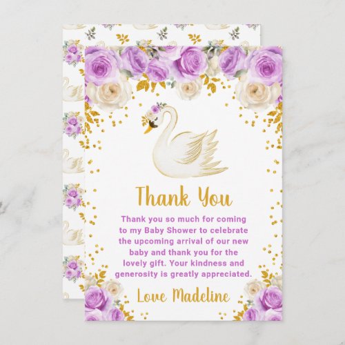 Swan Purple and Gold Roses Baby Shower Thank You Card