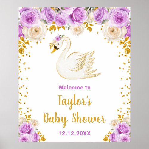 Swan Purple and Gold Roses Baby Shower Welcome Poster