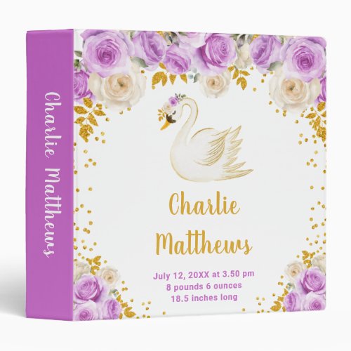 Swan Purple and Gold Roses Birth Statistics 3 Ring Binder