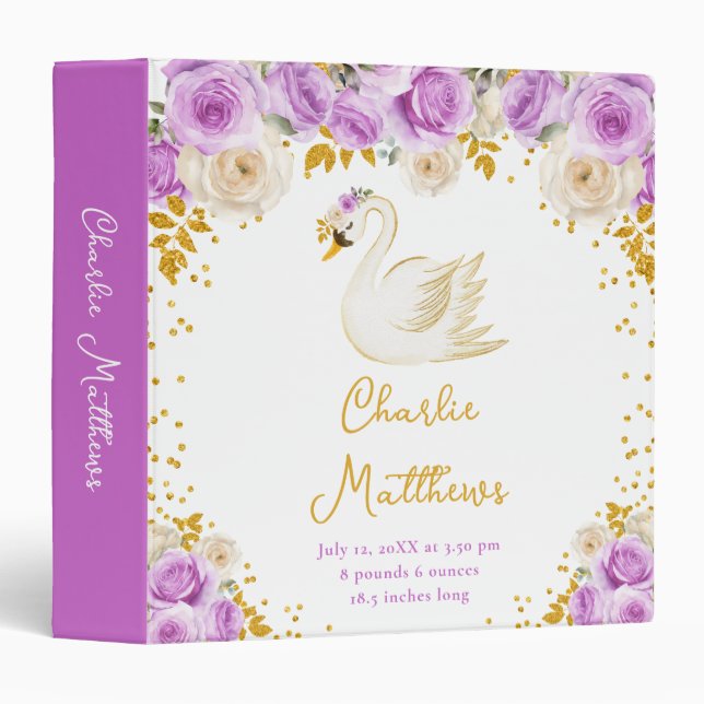 Swan Purple and Gold Roses Birth Statistics 3 Ring Binder (Front/Spine)
