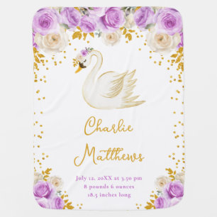 Swan Purple and Gold Roses Birth Statistics Baby Blanket