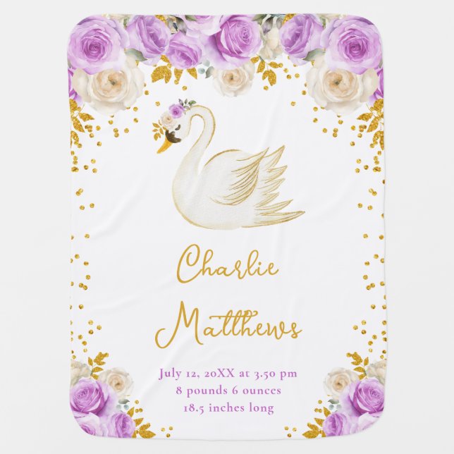 Swan Purple and Gold Roses Birth Statistics Baby Blanket (Front)