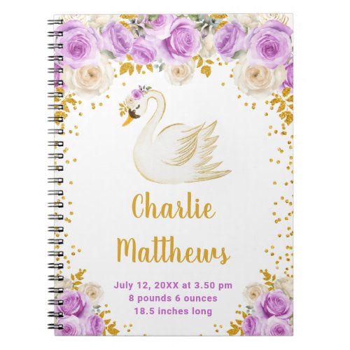 Swan Purple and Gold Roses Birth Statistics Notebook