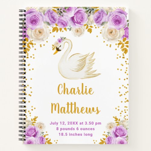 Swan Purple and Gold Roses Birth Statistics Notebook