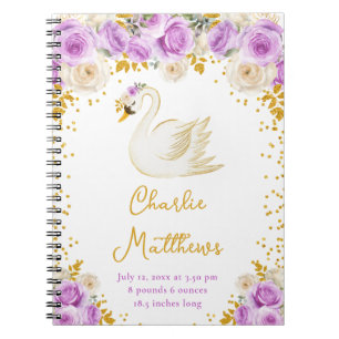 Swan Purple and Gold Roses Birth Statistics Notebook