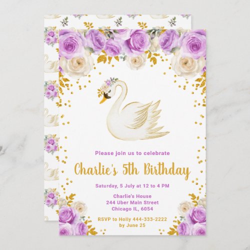 Swan Purple and Gold Roses Birthday Party Invitation