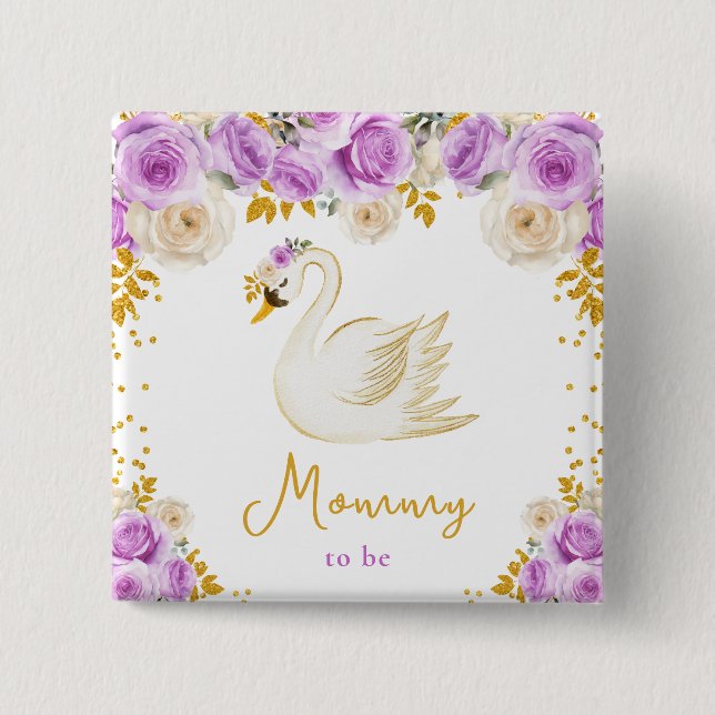 Swan Purple and Gold Roses Mommy To Be Button (Front)