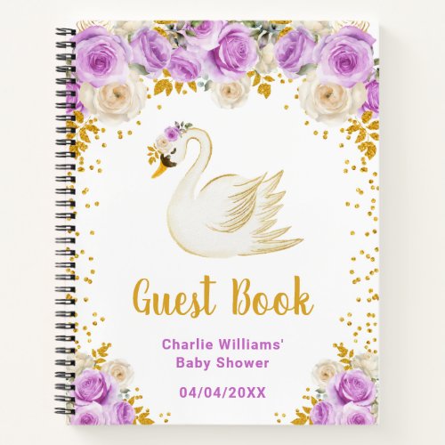 Swan Purple Gold Roses Baby Shower Guest Book