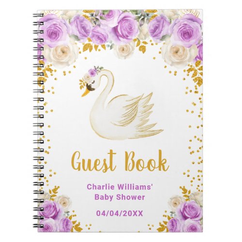 Swan Purple Gold Roses Baby Shower Guest Book