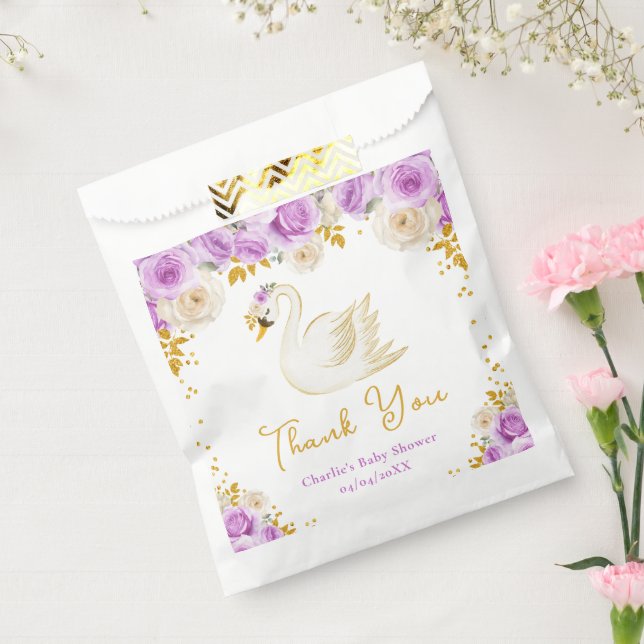 Swan Purple Gold Roses Baby Shower Thank You Favor Bag (Sealed)