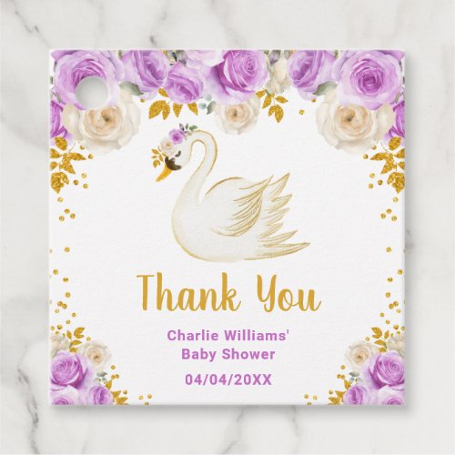 Swan Purple Gold Roses Baby Shower Thank You Favor Tags
