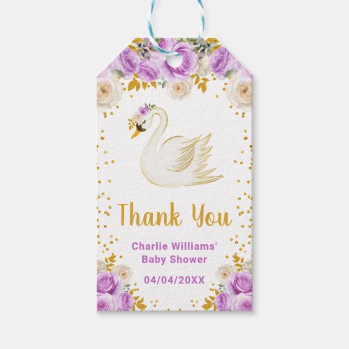 Swan Purple Gold Roses Baby Shower Thank You Gift Tags