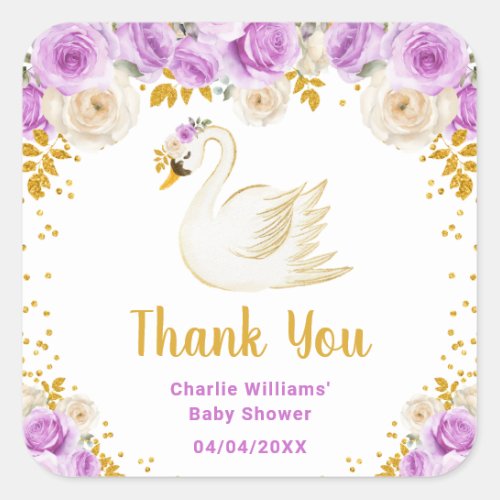 Swan Purple Gold Roses Baby Shower Thank You Square Sticker