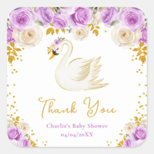 Swan Purple Gold Roses Baby Shower Thank You Square Sticker
