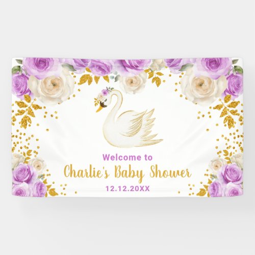 Swan Purple Gold Roses Baby Shower Welcome Banner
