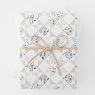 Swan Quilt Blocks Floral BabyBlue Sage Green Patch Wrapping Paper Sheets