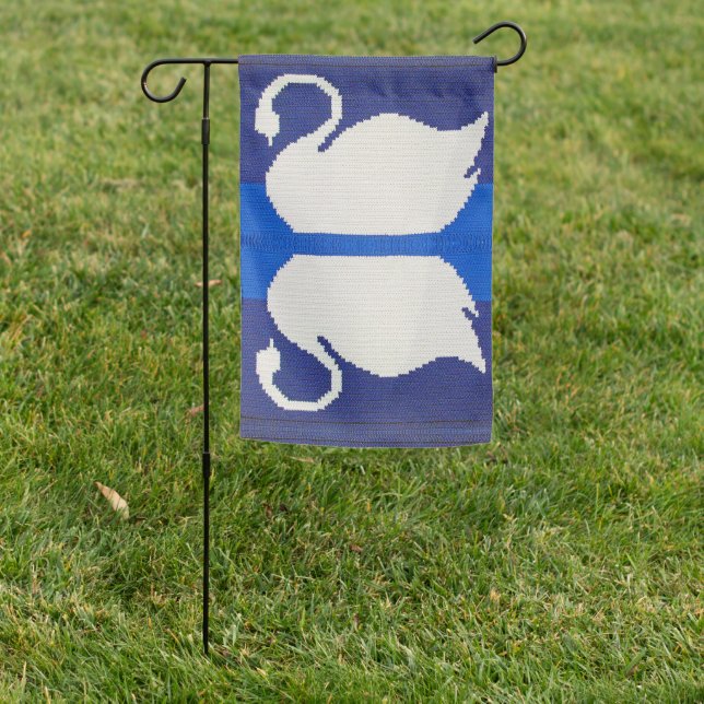 Swan Reflection in Blue Lake Artisan Crochet Print Garden Flag (In SItu)