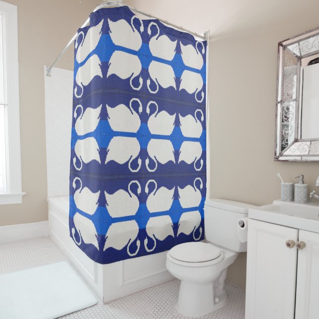 Swan Reflection in Blue Lake Artisan Crochet Print Shower Curtain (In Situ)