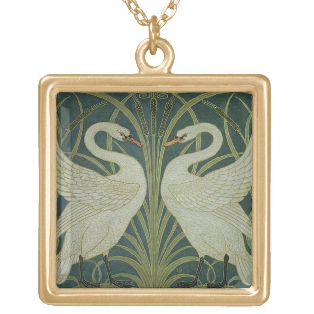 'Swan, Rush and Iris' wallpaper design Gold Plated Necklace (Front)