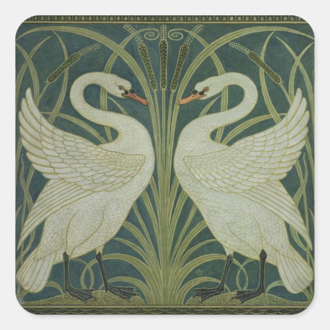 'Swan, Rush and Iris' wallpaper design Square Sticker (Front)