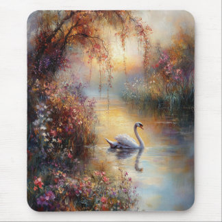 Swan Rustic Impressionist Painting Mouse Pad