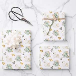 Swan Sage Green and Gold Floral Roses Wrapping Paper Sheets