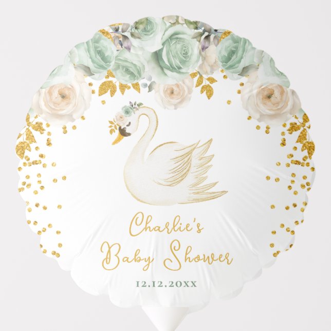 Swan Sage Green and Gold Roses Baby Shower Balloon (Front)