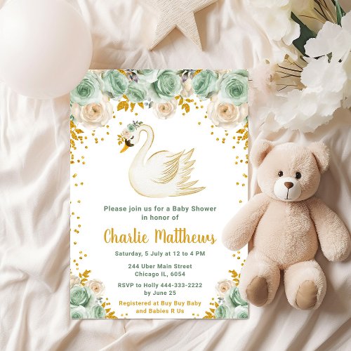 Swan Sage Green and Gold Roses Baby Shower Invitation