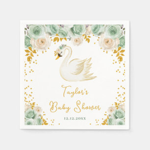 Swan Sage Green and Gold Roses Baby Shower Napkins