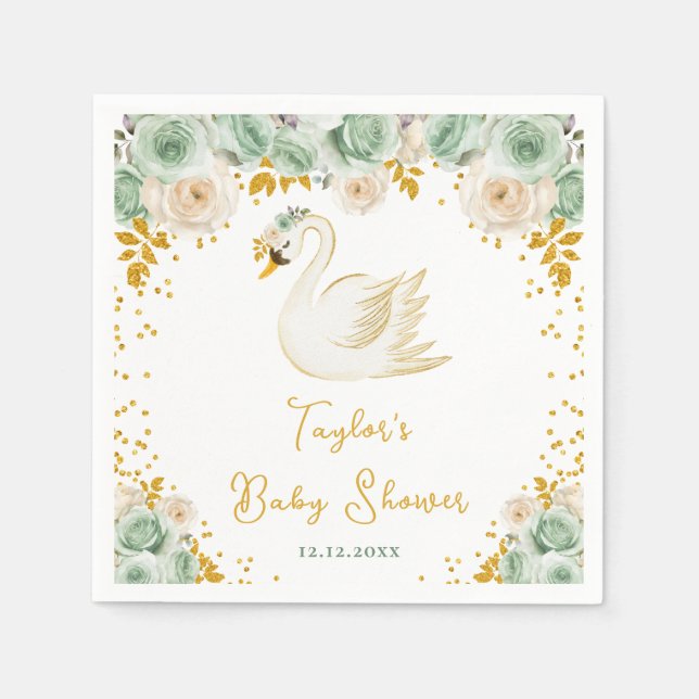 Swan Sage Green and Gold Roses Baby Shower Napkins (Front)