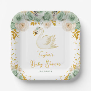 Swan Sage Green and Gold Roses Baby Shower Paper Plates