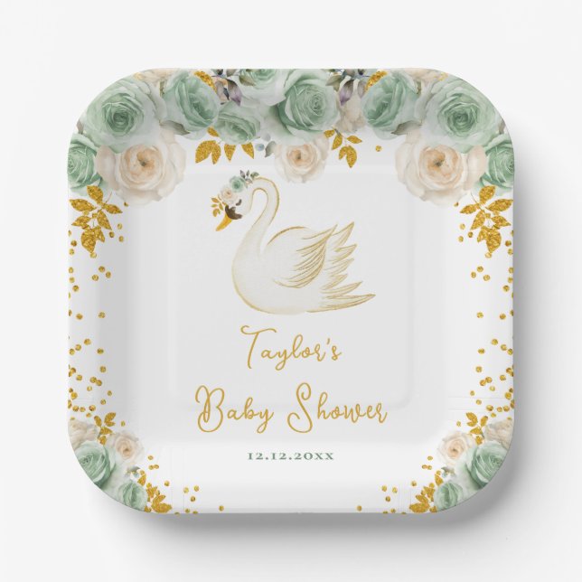 Swan Sage Green and Gold Roses Baby Shower Paper Plates (Front)