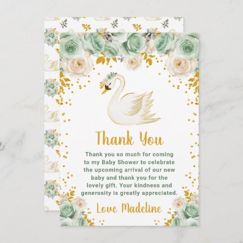 Swan Sage Green and Gold Roses Baby Shower Thank You Card