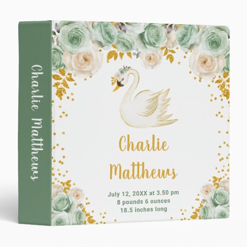 Swan Sage Green and Gold Roses Birth Statistics 3 Ring Binder