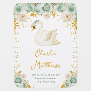 Swan Sage Green and Gold Roses Birth Statistics Baby Blanket